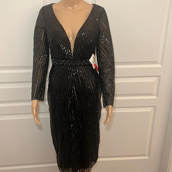 NWT MAC DUGGAL Black Tea Length Sequin Midi Dress - Picture 3 of 6